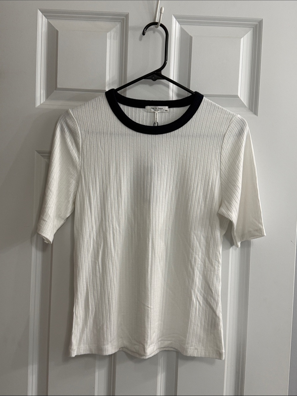 rag & bone White Ribbed Short Sleeve Tee with Black Contrast Neck NWT